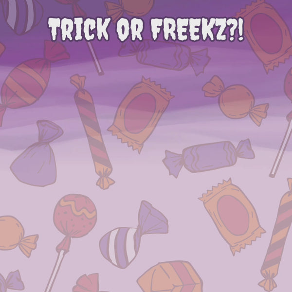 A video featuring Halloween themed mini plush including a bat with yellow ears, a black fox, a grey wolf with orange eyes, a black cat with purple and orange face, and a half purple puppy, half green kitty monster