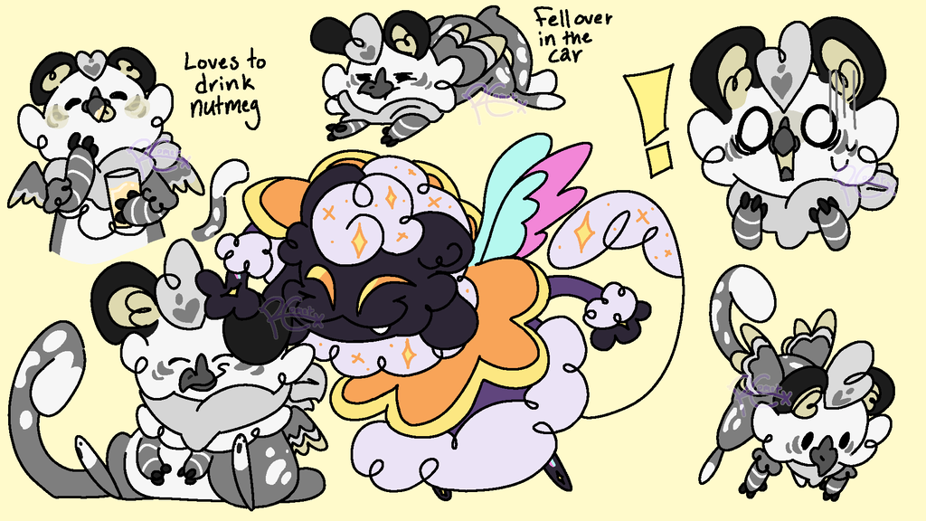 Comic-style illustration of Sesame the gryphon and nutmeg with various expressions and actions on a yellow background.